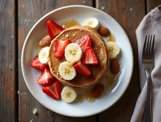 Vegan Pancakes with Fruit and Almond Butter - Healthy Breakfast