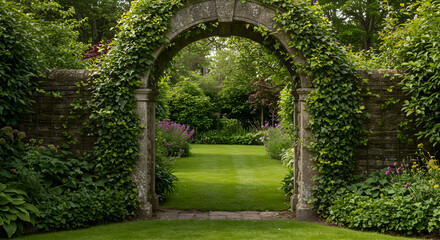 Obraz premium Enchanting Ivy Archway Leading To A Verdant Garden Landscape