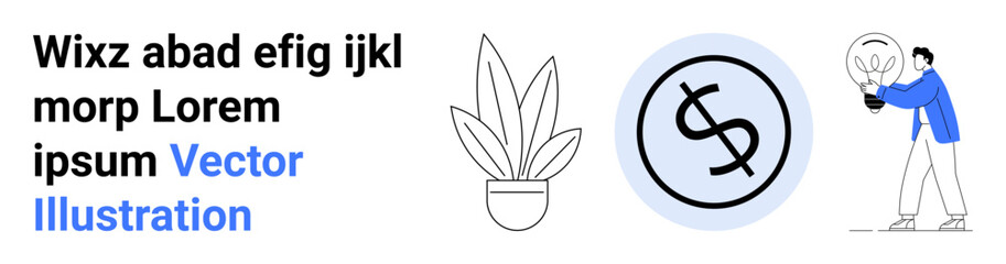Potted plant, dollar sign circled, and person holding lightbulb. Ideal for finance, business, innovation, eco-friendly ideas, marketing, investment themes and modern flat landing page banner