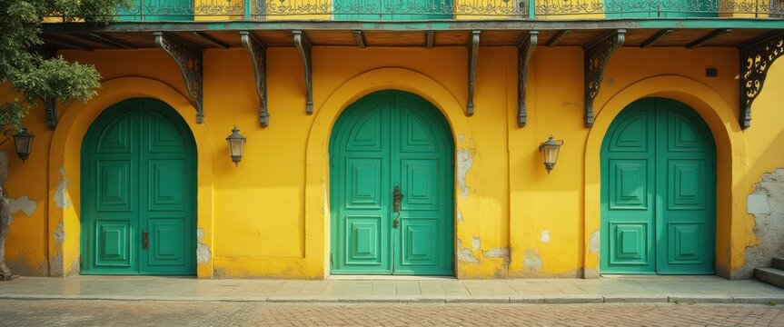 Three vibrant arched doorways set in a sunny yellow facade adorned with decorative wrought iron details - Powered by Adobe