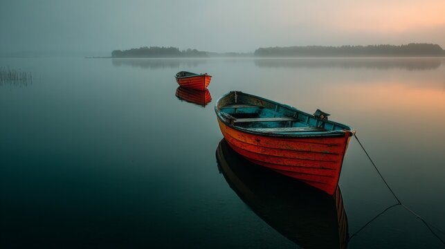 Two boats are floating in the water, one of which is red