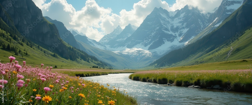 Poster valley landscape with a river flowing through a field of wildflowers and snow-capped mountains in th