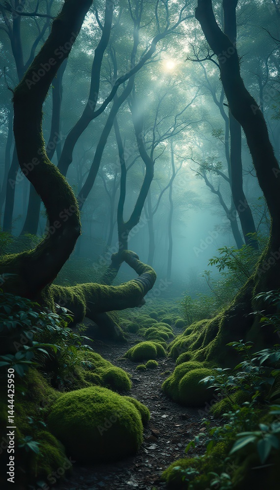 Poster enigmatic forest path: moss-covered landscape with twisted trees and ethereal sunlight