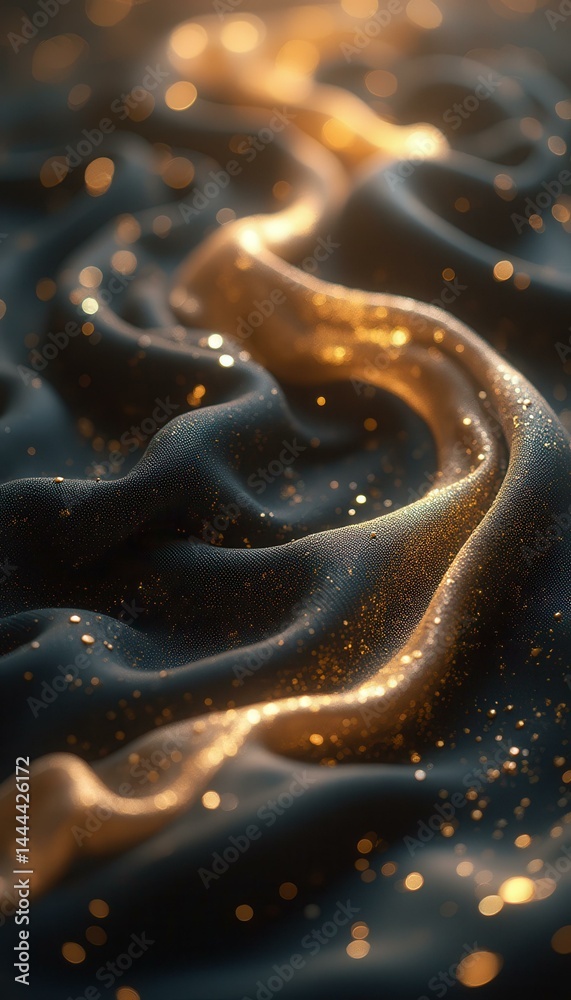 Aufkleber Elegant black fabric with gold accents in flowing patterns, shimmering with soft bokeh lights, creating a luxurious and sophistica