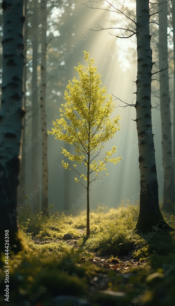 Aufkleber young yellow tree in a serene forest bathed in sunlight, creating a foggy and ethereal atmosphere