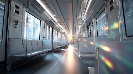 Obraz premium Modern train car interior, sunlight streams through windows