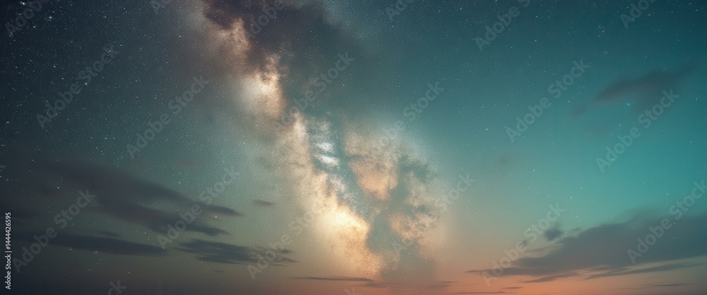 Poster cosmic dawn: a panoramic view of the milky way amidst ethereal clouds