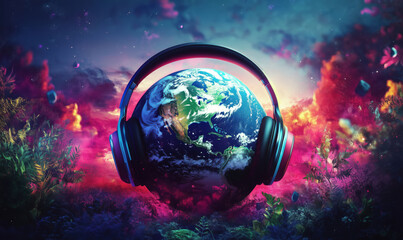 Earth surrounded by vibrant colors and headphones symbolizing global music connection.