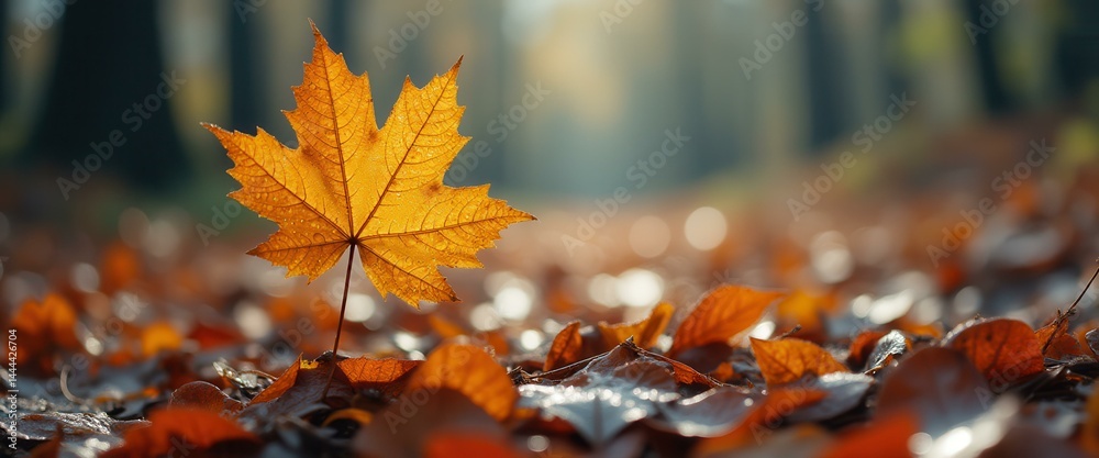 Aufkleber golden maple leaf on forest floor during autumn season with beautiful bokeh in the background in a f