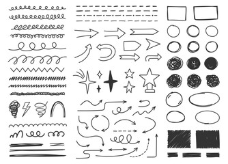 Hand drawn scribble lines, circles, arrows, stars, and other shapes, vector eps10 illustration