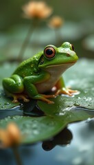 Naklejka premium Green frog on a lily pad with glistening water droplets on a pond