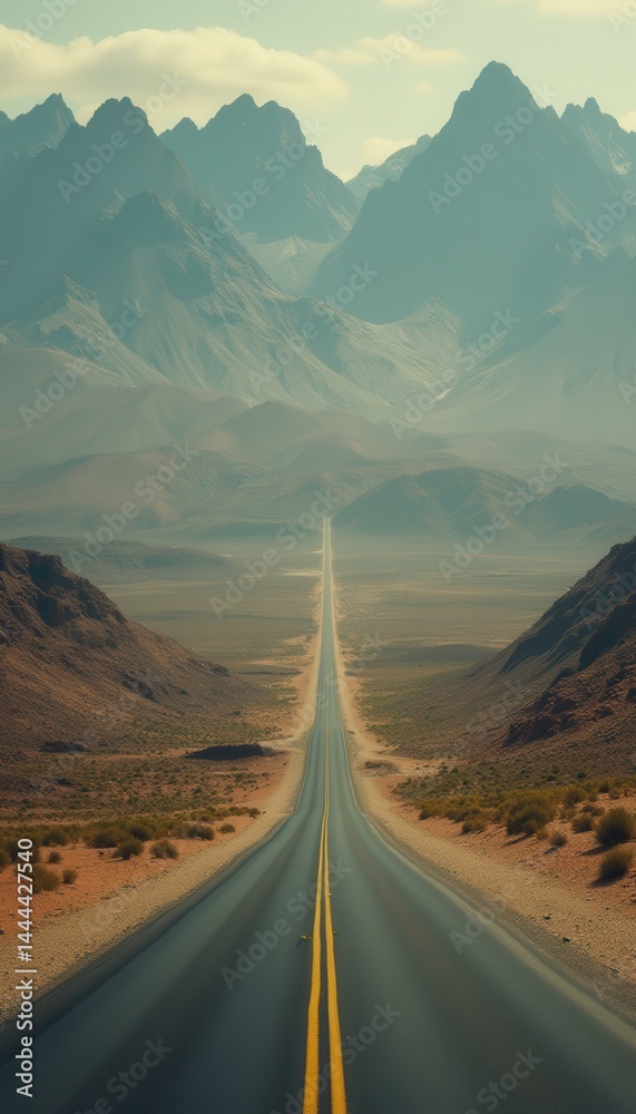 Poster endless highway stretching through a vast desert landscape toward distant mountain ranges under a ha