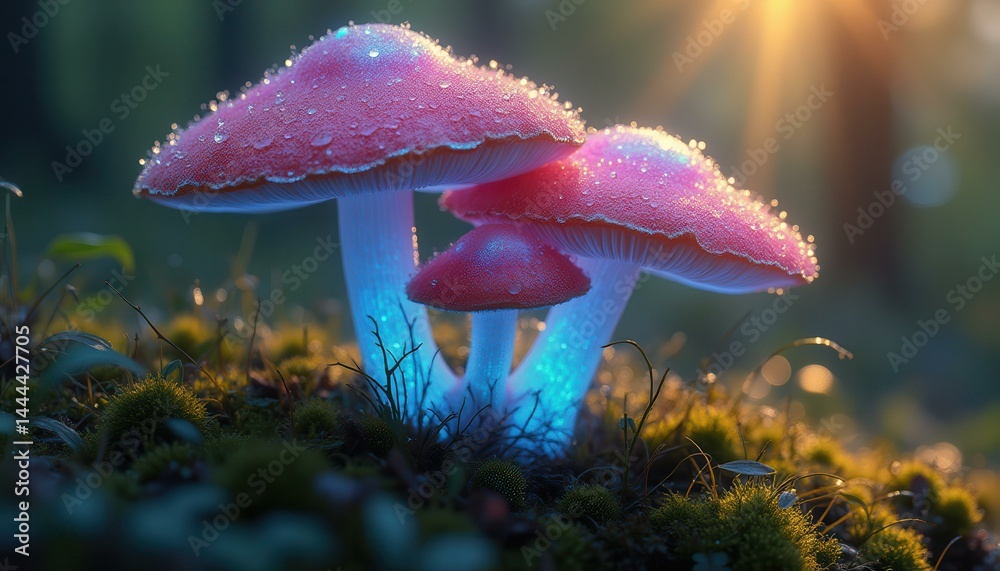 Poster Enchanting bioluminescent mushrooms in a serene forest setting with dew drops and sun rays creating a magical ambiance