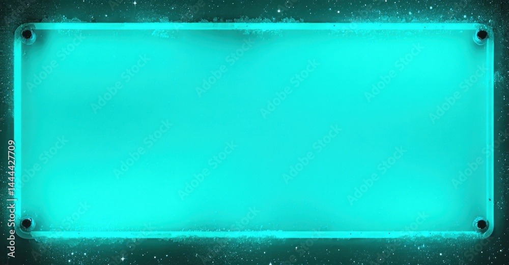 Poster bright turquoise rectangle framed with dark metal corners. background shows subtle starry texture, d