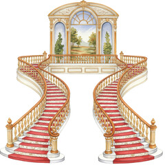 Ornate Staircase with Garden View, Watercolor Illustration