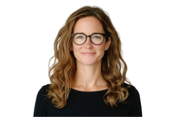 Smiling Caucasian woman with curly hair and glasses against a white background.