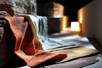 This image features a variety of textured fabrics in soft pastel hues, beautifully arranged against a softly lit background, showcasing their colors and textures.