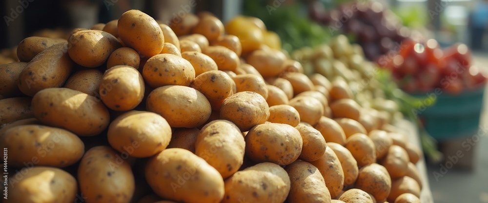 Poster abundance of potatoes at the market- fresh produce display with tomatoes and onions in the backgroun