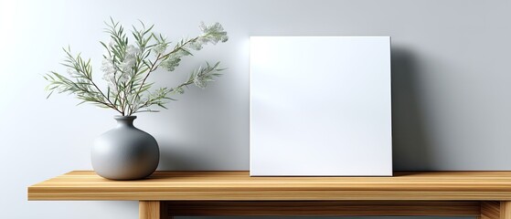 Minimalist decor with a vase of greenery and a blank square canvas on a wooden shelf against a light wall.