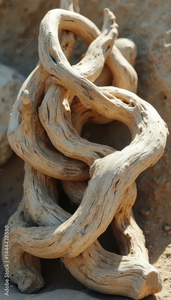 Poster intertwined weathered wood sculpture with visible textures in dynamic, abstract form artfully arrang