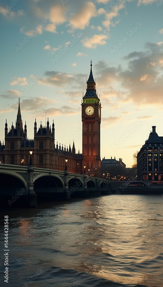 Poster evening view of a large fictional government building and clock tower over a tranquil river