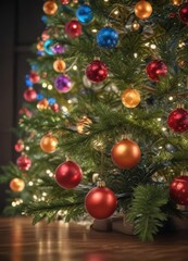 Fototapeta premium Vibrant baubles adorn a glowing Christmas tree, bokeh lights surround , decoration, merry