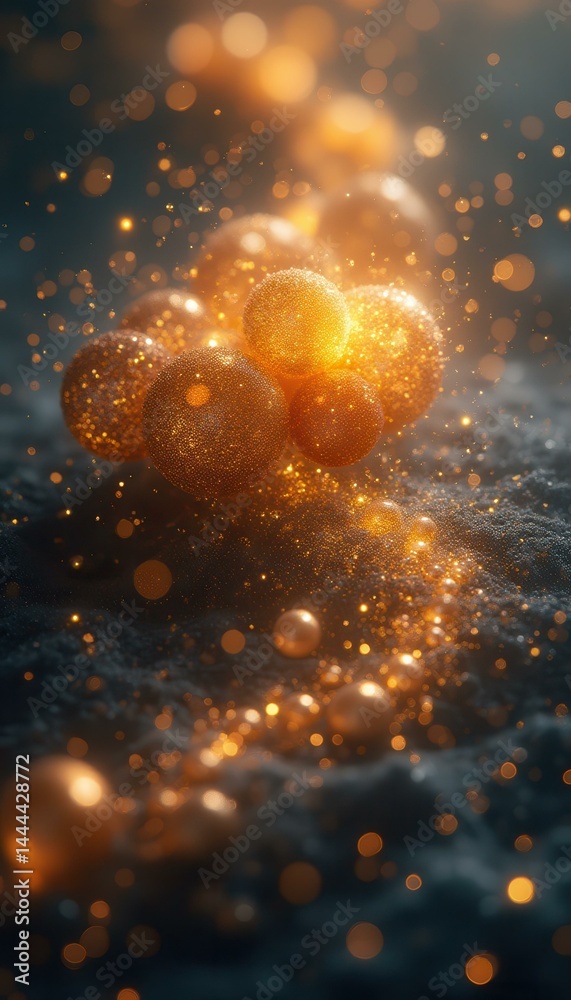 Poster Shimmering spheres of glittering gold on a textured dark surface radiating light and creating a captivating visual effect