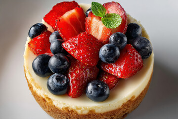 Berry Cheesecake Delight: This image showcases a delectable, single-serving cheesecake adorned with a vibrant assortment of fresh strawberries, blueberries, and a sprig of mint.