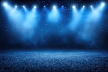Empty stage illuminated by spotlights, creating a dramatic, dark blue atmosphere Fog or mist adds depth to the scene