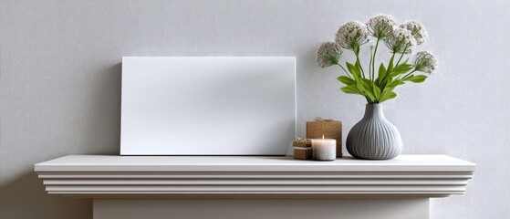 Minimalist mantel with a blank canvas, vase of white flowers, candles, and small wicker boxes against a textured wall.