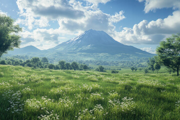 Fototapeta premium serene landscapes surrounding dormant volcanoes showcasing lush greenery and tranquil skies.