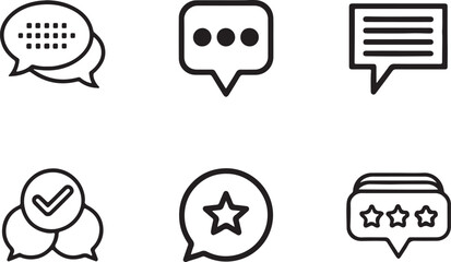 Set of 6 outline icons related to speech, bubble, message, text, popup and more. Linear icon collection. Editable stroke line art. Vector illustration.