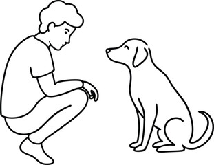 Heartwarming dog and owner connection captured in continuous line art style emphasizing loyal companionship human animal bond and minimalist pet themed illustration