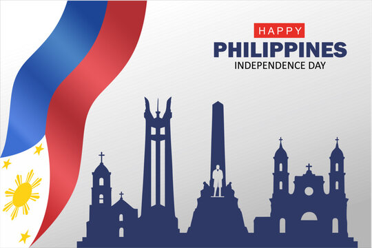 Philippines Independence Day Background Design. Banner, Poster, Greeting Card. skyline silhouette including Rizal Monument, Quezon Memorial Shrine, and historic churches. Vector Illustration.