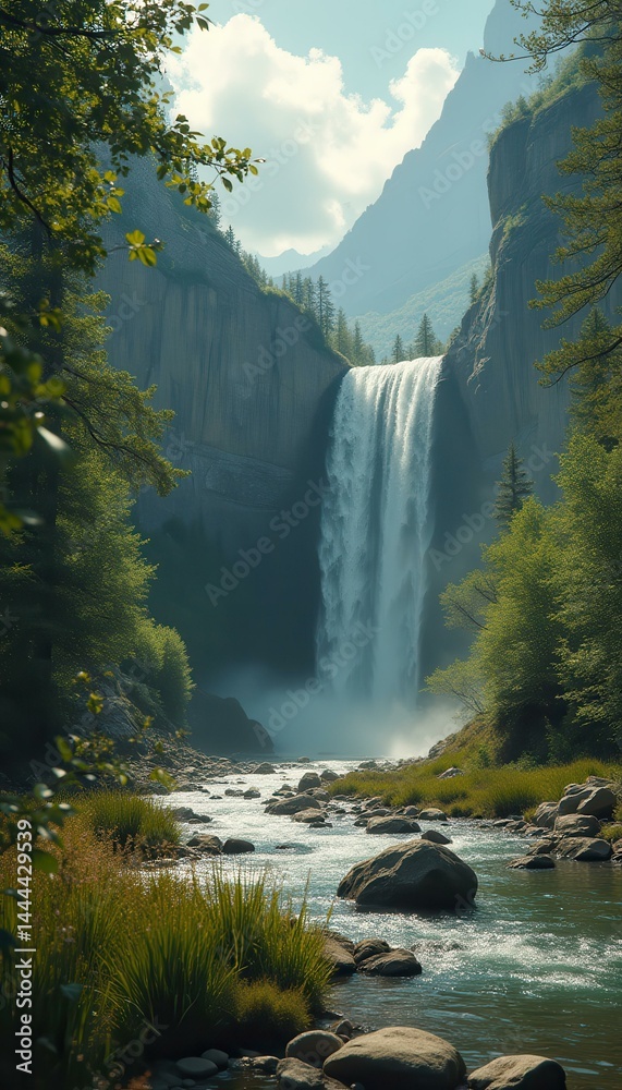 Poster breathtaking waterfall cascading into a vibrant river surrounded by rocky cliffs and lush green tree