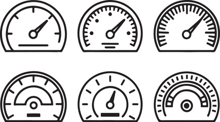 Set of 6 outline icons related to speedometer, speed, dashboard, monitor board elements. Linear icon collection. Editable stroke line art. Vector illustration.