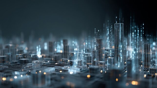 Intricate lowpoly 3d wireframe of a smart city with glowing binary code for tech and urban themes