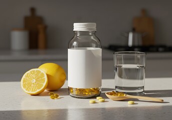 Vitamin Supplements Display with Fresh Lemon and Hydration for Wellness