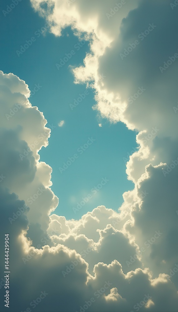 Poster serene sky portal: fluffy clouds framing a tranquil azure space in dreamy light
