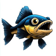 Cartoon Fish with Sharp Teeth and Large Eyes on White Background