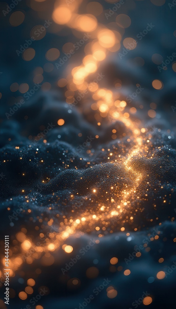 Poster Ethereal Trail of Golden Light Sparkles Across a Woven Landscape of Dark Blue Textures, Creating a Mesmerizing Visual Effect