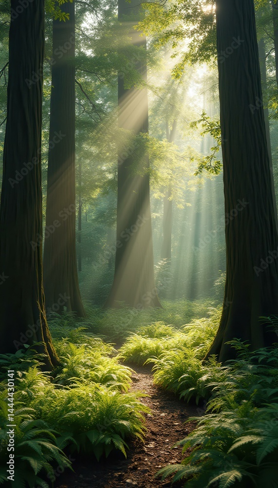 Poster sunbeams illuminate a lush forest pathway, creating a serene and magical natural environment.