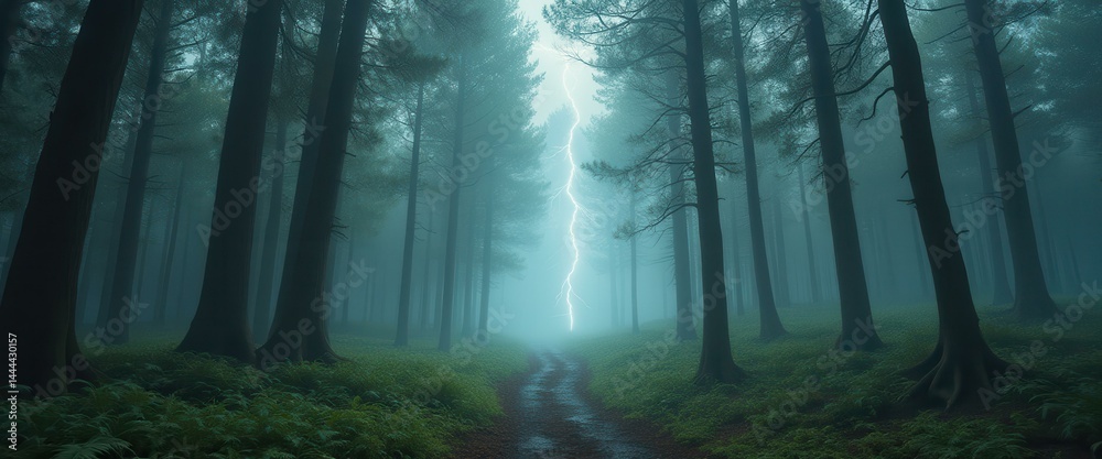 Poster ethereal forest path lit by lightning strike - atmospheric scene of tall trees and woodland trail