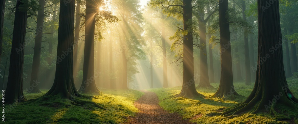 Poster majestic forest illuminated by golden sunlight filtering through tall trees creating a serene and et