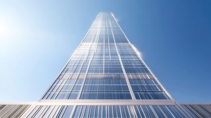 Modern skyscraper facade, reaching towards a clear sky