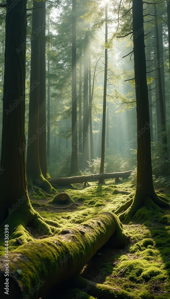 Poster ethereal forest scene: sunlight filtering through tall trees and mossy ground