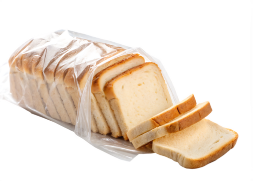 sliced white bread in plastic bag isolated on White background, PNG