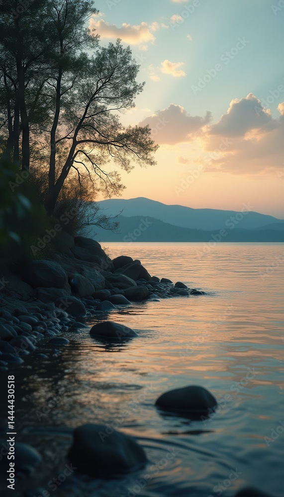Poster serene lake shore at sunset with smooth rocks and tranquil water reflecting soft light and distant m