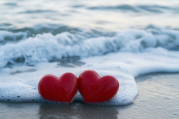 Fototapeta premium Two Red Heart Shapes Resting on the Shore Partially Touched by Gentle Waves