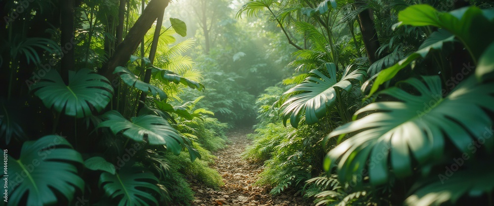 Poster pathway through dense tropical forest with lush foliage and dappled sunlight creating a serene and v